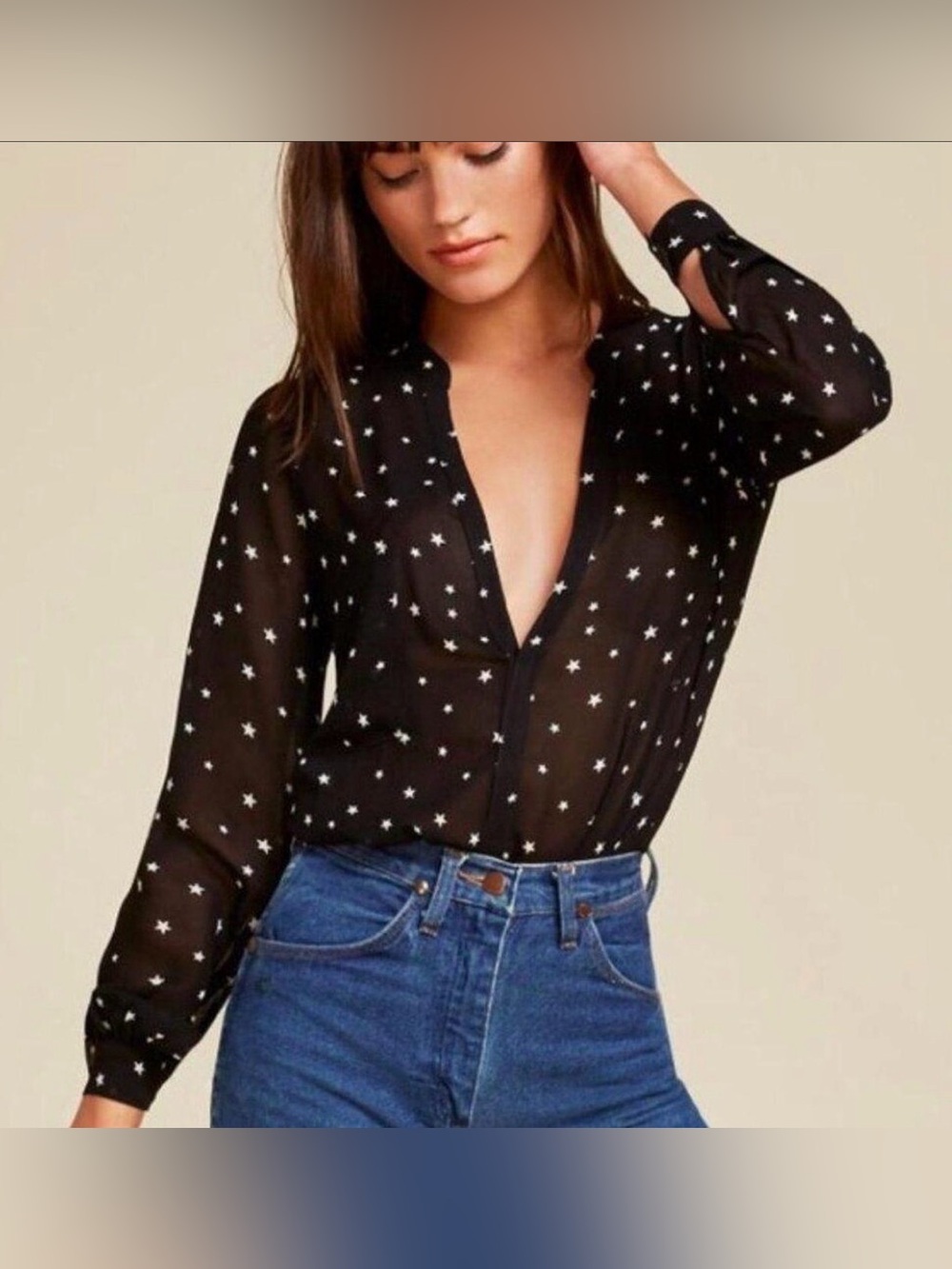 Reformation Black Star Print Sheer V-Neck Blouse Top XS 100% Viscose USA - Picture 2 of 9